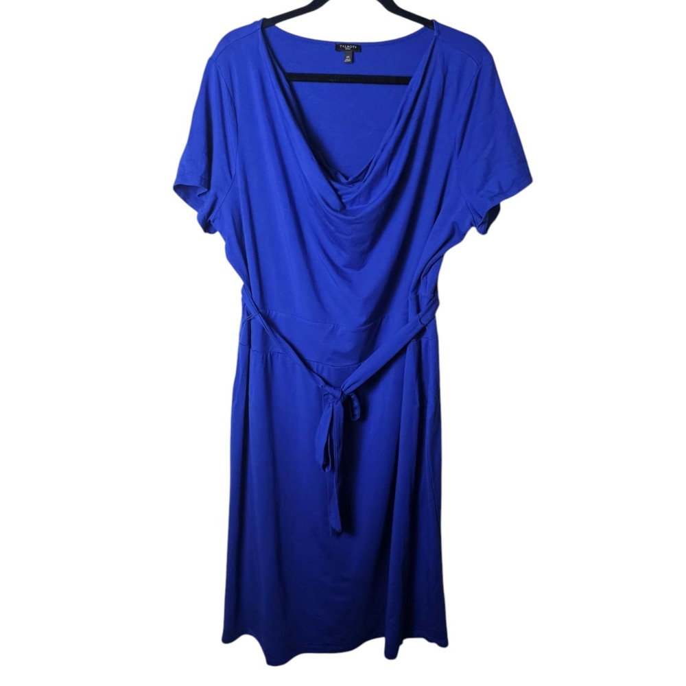 Talbots 2X Blue Jersey Dress Short Sleeve Belted Rayon Stretch Comfort Minimal